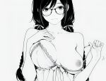  1girl :3 absurdres artist_request black_hair blush blush_stickers braid breasts breasts_apart clothes_pull collarbone covered_nipples dress dress_pull glasses greyscale hair_ribbon hand_on_own_chest hanekawa_tsubasa highres long_hair looking_at_viewer medium_breasts monochrome monogatari_(series) nipples nude one_breast_out pulling_own_clothes ribbon ribbon_in_braid solo strap_pull third-party_source twin_braids upper_body white_background 