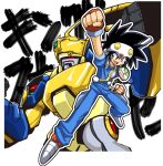  1boy arm_up baba_lamune black_hair blue_eyes blue_pants blue_shirt character_name clenched_hands commentary_request creature creature_on_shoulder fingerless_gloves gloves headpiece highres king_squasher male_focus mecha ng_knight_lamune_&amp;_40 on_shoulder open_mouth orange_gloves outline pants red_eyes robot sakurajyousui_nami shirt shoes short_sleeves smile spiked_hair tama-q white_outline white_shoes 