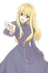  blonde_hair cassock cross cross_necklace dress fate/protoreplica fate/stay_night fate_(series) genderswap genderswap_(mtf) gilgamesh jewelry long_hair looking_at_viewer necklace outstretched_hand pandamamire red_eyes solo 