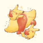 closed_eyes closed_mouth commentary_request egg_(food) food food_focus highres holding ketchup ketchup_bottle no_humans omelet omurice one_eye_closed pikachu pokemon pokemon_(creature) pokemon_focus temariame14 tomato twitter_username 