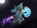  absurd_res angry anklet attack_pose blue_eyes bottomwear bracelet charmandrigo clothing dewott fur generation_5_pokemon gold_(metal) gold_bracelet gold_jewelry green_body green_fur hi_res jewelry loincloth markings moon necklace nintendo pokemon pokemon_(species) tribal tribal_markings 