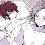 2boys ahoge aotsuki_eito bad_anatomy bad_hands black_streaks blush closed_eyes collarbone colored_skin commentary glasses grey_hair guy_tired_after_sex_(meme) implied_after_sex korean_commentary looking_at_viewer male_focus meme multicolored_hair multiple_boys no_shirt on_bed palme310 pectorals pillow purple_eyes red_hair semi-rimless_eyewear short_hair sparkle streaked_hair sumino_takumi sunken_cheeks the_hundred_line_-last_defense_academy- tongue two-tone_hair v white_skin yaoi 