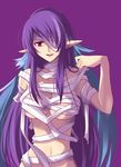  bandage_over_one_eye bandages blue_hair breasts hair_down judith large_breasts long_hair miyu_(matsunohara) naked_ribbon pointy_ears purple_background purple_eyes ribbon smile solo tales_of_(series) tales_of_vesperia underboob 