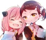  2girls :> anya_(spy_x_family) backlighting becky_blackbell bomb_hair_ornament brown_eyes brown_hair closed_eyes commentary_request eden_academy_school_uniform hair_ornament hair_scrunchie hairpods highres hisama_kumako holding holding_notepad holding_pen lens_flare multiple_girls notepad open_mouth pen pink_hair school_uniform scrunchie short_twintails smile spy_x_family twintails 