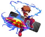  1boy argos_no_senshi armor aura belt belt_buckle blue_eyes boots bracer brown_belt brown_hair buckle commentary_request crop_top diskarmor_(argos_no_senshi) full_body headpiece highres looking_at_viewer male_focus midriff open_mouth pants pauldrons red_armor red_boots red_pants red_shirt sakurajyousui_nami shield shirt short_hair shoulder_armor solo throwing 