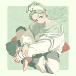  1boy barefoot blush cilan_(pokemon) closed_mouth commentary_request crossed_legs green_eyes green_hair grey_shirt headband highres jacket long_sleeves male_focus open_clothes open_jacket pajamas pants pokemon pokemon_black_and_white serizawa_serizane shirt short_hair sitting striped_clothes striped_pants white_headband white_jacket 
