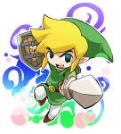  1boy belt black_eyes blonde_hair boots brown_belt brown_boots commentary_request full_body green_hat green_shirt green_tunic hat highres holding holding_shield holding_sword holding_weapon link looking_at_viewer male_focus open_mouth pants phrygian_cap pointy_ears sakurajyousui_nami sheath shield shirt short_hair solo sword the_legend_of_zelda the_legend_of_zelda:_the_wind_waker toon_link tunic unsheathed v-shaped_eyebrows weapon white_pants 