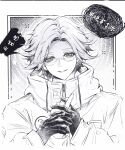  1boy 1other absurdres aotsuki_eito chinese_commentary chinese_text colored_speech_bubble commentary_request evil_smile glasses gloves greyscale half-closed_eyes hand_grab hatching_(texture) highres jacket looking_at_viewer male_focus monochrome parted_lips pov pov_hands short_hair smile solo_focus speech_bubble spoilers the_hundred_line_-last_defense_academy- translation_request upper_body variant_set woven_hatching xinjinjumin9460634 