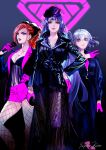  3girls aohitsugi_nemu black_jacket black_pantyhose blue_eyes blue_hair breast_tattoo brown_hair collarbone fishnet_pantyhose fishnets full_body gloves hair_ribbon half_gloves hat highres holding holding_microphone hypnosis_mic hypnosis_mic:_rule_the_stage jacket kadenokoji_ichijiku kato_sayaka kotonohatoh leather long_sleeves microphone multiple_girls pantyhose pink_eyes pink_gloves ribbon skirt tattoo tohoten_otome white_hair 