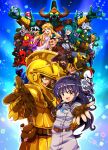  2girls 6+boys absurdres aqua_hair armor armored_skirt beard belt belt_buckle black_armor black_gloves black_hair black_hat black_jacket black_knight_(druaga) blonde_hair blue_armor blue_eyes blue_knight_(druaga) blue_pants bracelet breastplate brown_armor brown_belt brown_eyes brown_gloves brown_hair buckle circlet claws cloak closed_mouth colored_skin commentary_request creature cruz_(druaga) cyclops dragon dress druaga_(character) druaga_no_tou everyone extra_arms facial_hair facial_mark fake_horns fingerless_gloves gilgamesh_(druaga) gloves gold_armor golrug green_skin green_slime_(druaga) grey_dress hand_on_own_chin hat helmet highres hood hood_up hooded_cloak horned_helmet horns hyper_knight_(druaga) ishtar_(druaga_no_tou) jacket jewelry ki_(druaga) knight long_hair looking_at_viewer meslon mirror_knight_(druaga) monster multiple_boys multiple_girls mustache one-eyed open_clothes open_jacket open_mouth outstretched_arm pants party_popper pauldrons quox_(druaga) red_armor reptile_boy roper sakurajyousui_nami sharp_teeth shirt short_hair shoulder_armor skeleton slime_(creature) smile snake sorcerer_(druaga) spiked_pauldrons spikes taurus_(druaga) teeth tentacles v very_short_hair visor_(armor) visor_lift white_armor white_dress white_shirt yellow_armor yellow_gloves yellow_shirt 