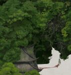  2boys architecture bare_tree belt black_belt black_hair blonde_hair blood blood_on_clothes blood_trail brown_pants chinese_clothes chinese_commentary clothing_request commentary_request corpse death dragging east_asian_architecture forest from_above highres holding_another's_legs long_sleeves looking_at_another looking_down lying mimulishizi moss multiple_boys nature on_back original outdoors pagoda pants plant plant_focus scenery short_hair standing tree very_wide_shot wide_sleeves 