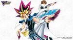  2boys belt black_hair black_shirt blonde_hair blue_eyes bracelet brown_hair cape card chain coat copyright_notice duel_disk highres holding holding_card jewelry kaiba_seto konami long_coat looking_back male_focus millennium_puzzle multicolored_hair multiple_boys official_art official_wallpaper peacock_hair pink_eyes pink_hair popped_collar shirt smile spiked_hair v_jump white_coat yami_yugi yu-gi-oh! yu-gi-oh!_duel_monsters 
