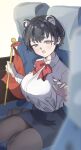  1girl :o animal_ear_fluff animal_ears black_hair black_pantyhose black_skirt blue_archive bow bowtie breasts chair collared_shirt commentary_request extra_ears flag fnf5tsu full_body gloves half-closed_eyes halo hat highres holding holding_flag huge_breasts jacket long_sleeves looking_at_viewer missing_headwear no_jacket official_alternate_costume on_chair open_mouth pantyhose pencil_skirt purple_eyes raccoon_ears raccoon_girl reaching reaching_towards_viewer red_bow red_bowtie red_halo shirt shirt_tucked_in short_hair sitting skirt smile solo tour_guide tsubaki_(blue_archive) tsubaki_(guide)_(blue_archive) white_gloves white_jacket white_shirt yokozuwari 