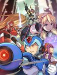  3boys alia_(rockman) arm_cannon axl blonde_hair breasts damaged dual_wielding energy_sword gary_yeung green_eyes gun handgun helmet highres holding layer long_hair medium_breasts multiple_boys multiple_girls rockman rockman_x sword underboob very_long_hair weapon x_(rockman) zero_(rockman) 