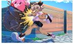  1girl bag bea_(pokemon) bewear black_hairband black_skirt blue_eyes blue_sky bread bread_slice collision commentary_request corner dark-skinned_female dark_skin day food food_in_mouth full_body grey_hair hair_between_eyes hairband highres katwo miniskirt mouth_hold outdoors pokemon pokemon_(creature) pokemon_sword_and_shield running school_bag shirt short_hair short_sleeves skirt sky toast toast_in_mouth translated watch white_shirt wristwatch 