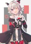  1girl absurdres animal_ears bare_shoulders blush bow breasts coat commentary_request curren_chan_(fille_eclair)_(umamusume) curren_chan_(umamusume) dress ear_bow ear_covers gloves grey_hair hair_between_eyes heart heart_hands highres horse_ears horse_girl horse_tail horseshoe long_sleeves looking_at_viewer off-shoulder_coat off-shoulder_dress off-shoulder_jacket off_shoulder one_eye_closed open_mouth purple_eyes red_bow red_thighhighs shipapome short_hair smile solo striped_clothes striped_dress tail thighhighs umamusume vertical-striped_clothes vertical-striped_dress white_gloves 