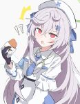  !? 1girl absurdres beatrixa_(stella_sora) blush breasts commentary_request eating grey_hair hair_ornament hat highres long_hair looking_at_viewer medium_breasts nurse_cap nurse_dress open_mouth portrait red_eyes simple_background solo stella_sora white_background x_hair_ornament yukou_sui 