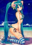  aqua_eyes aqua_hair arched_back artist_name ass bad_id bad_pixiv_id beach bikini blue_bikini blue_eyes bracelet breasts butt_crack flower hair_flower hair_ornament hand_behind_head hand_on_thigh hatsune_miku hibiscus jewelry kneeling long_hair looking_at_viewer maco_(macoillust) medium_breasts side-tie_bikini sideboob smile solo striped striped_legwear swimsuit thighhighs traditional_media twintails very_long_hair vocaloid watercolor_(medium) 