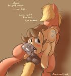  anal animal_genitalia balls big_macintosh_(mlp) blonde_hair blue_eyes blush braeburned brown_hair caramel_(mlp) cum cutie_mark dialog duo english_text equine erection fellatio feral friendship_is_magic fur gay hair horse horsecock licking looking_back lying male mammal my_little_pony nude on_back oral oral_sex penis pony precum raised_tail red_fur rimming saliva sex simple_background tan_fur text tongue 