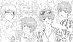  5boys amuro_ray char_aznable commentary_request food fruit glasses greyscale gundam gundam:_hathaway's_flash gundam_zz haro hathaway_noa hawaiian_shirt judau_ashta kamille_bidan mivic_zel monochrome multiple_boys multiple_expressions open_clothes open_shirt saturated_background shirt sketch smile summer sunglasses watermelon white_background zeta_gundam 