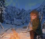  1girl absurdres artist_name black_pants blonde_hair blue_eyes blush campfire coat commentary_request cup fire fur-trimmed_collar fur-trimmed_wrist_cuffs fur_trim green_coat hair_between_eyes highres holding holding_cup l-aui long_hair looking_at_fire mole mole_under_eye mountain night original outdoors pants parted_lips pine_tree scenery sitting sky snow solo star-shaped_pupils star_(sky) star_(symbol) steam symbol-shaped_pupils tree tree_stump winter 