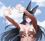  1girl absurdres animal_ears artist_name black_hair blue_sky breasts cloud commentary fox_ears fox_girl hand_shadow_covering_breasts_(meme) highres hoshimi_miyabi kirrrai02 large_breasts long_hair meme nude red_eyes shadow_censor sky solo very_long_hair zenless_zone_zero 
