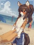  2026 4_fingers anthro artist_name ball beach beach_ball beach_umbrella blue_bottomwear blue_clothing blush blush_lines bottomwear bottomwear_pull brown_body brown_eyes brown_fur brown_hair brown_tail camera_hud camera_view chest_tuft claws clothing clothing_pull cloud day dipstick_ears ear_markings english_text equid equine finger_claws fingers fur gesture gloves_(marking) group hair hand_gesture hooved_fingers hooves horse inflatable male mammal markings mouth_closed multicolored_body multicolored_ears multicolored_fur navel nipples orange_body orange_fur outside parasol pink_nipples pointing pointing_at_another ponytail red_bottomwear red_clothing sand shorts shorts_pull sinelesh spots spotted_body spotted_fur standing swimming_trunks swimwear tail text tuft water white_body white_fur white_text 