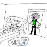  1:1 anthro aroused asking bare_chest bed bedroom_eyes beefyboi belt belt_buckle black_bottomwear black_clothing black_footwear black_jacket black_pants black_shoes black_topwear blitz_(street_catz) blush bodily_fluids bottomwear buckle bulge chest_fur clothed clothed/nude clothed_anthro clothed_male clothing corner crotch_lines cute_fangs dialogue digital_media_(artwork) domestic_cat door door_handle doorknob doorway drooling duo emoji erection erection_under_clothing eyebrows fangs felid feline felis footwear foreskin fur furniture game_(street_catz) gameboycat genitals glans green_clothing green_shirt green_topwear grey_arms grey_body grey_face grey_fur grey_tail head_tuft heart_pupils heart_symbol hi_res inside inviting inviting_to_sex jacket lustful_gaze lying lying_on_bed male male/male mammal messy_fur narrowed_eyes nude nude_anthro nude_male o_o on_back on_bed open_door open_mouth pants paws penis pillow pointy_nose pose purple_ears purple_nose raised_eyebrow raised_eyebrows saliva seductive shirt shirtless shirtless_anthro shirtless_male shocked shoes signature simple_background speech_bubble standing stare street_catz surprised tail teeth toony topwear tuft two_tone_tail waiting white_arms white_background white_belt white_body white_ears white_fur white_legs white_nose white_tail white_torso 
