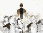 1boy age_difference black_eyes black_sweater blazer blonde_hair brown_jacket brown_pants child closed_mouth commentary english_commentary feet_out_of_frame highres jacket johan_liebert lapels light_smile long_sleeves looking_at_viewer middle_part mimulishizi monster_(manga) motion_blur notched_lapels odd_one_out pants parted_bangs partially_colored people running shaded_face short_hair solo_focus spot_color standing straight-on surrounded sweater turtleneck 
