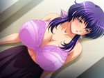  1girl bra breasts large_breasts milf morning_star_(company) purple_bra purple_hair solo underwear 