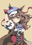  1girl animal_ears belt_bag blue_bow blue_hat bow breasts brown_hair center_frills closed_mouth corset ears_through_headwear frills hair_ornament hairclip hat highres horse_ears horse_girl looking_at_viewer matikanetannhauser_(clippety-tippety-clop)_(umamusume) matikanetannhauser_(umamusume) medium_breasts medium_hair multicolored_hair newsboy_cap parallel_hairclips red_corset shirt simple_background smile solo streaked_hair tilted_headwear umamusume upper_body white_shirt yellow_eyes zukki_(bijitaru) 