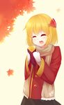  autumn closed_eyes eating food kaoru_(rena12345) leaf mittens rumia scarf smile solo sweet_potato touhou winter_clothes 