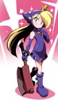  1girl absurdres axe blonde_hair blue_eyes boots brooch commentary_request dress elbow_gloves full_body gloves grin hand_up highres holding holding_axe hood hood_up hooded_dress jewelry long_hair looking_at_viewer mario_(series) mario_power_tennis mario_tennis purple_boots purple_dress purple_gloves sakurajyousui_nami skirt_cutout sleeveless sleeveless_dress smile solo sparkle standing very_long_hair warupeach x_cutout 