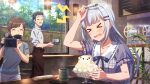  >_< 1boy 2girls arm_up blush brain_freeze camera card_commentary commentary_request day embarrassed food game_asset holding holding_camera holding_spoon ice_cream idolmaster idolmaster_million_live! idolmaster_million_live!_theater_days indoors long_hair multiple_girls official_art open_mouth restaurant shiraishi_tsumugi shirt short_sleeves single_tear sitting spoon third-party_source waiter white_hair 