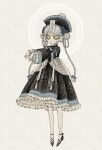  black_dress black_sandals blue_flower blue_rose braid braided_hair_rings cross-laced_sandals double_bun dress eleanor_(ohmyeleanor) eyelashes flower frilled_dress frills full_body hair_bun hair_rings hat highres jiangshi jitome lolita_fashion makeup mascara ofuda outstretched_arms qingdai_guanmao rose sandals tassel twin_braids yellow_eyes zombie_pose 