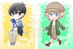  2boys antenna_hair bag bag_charm basil_(birthday)_(omori) basil_(faraway)_(omori) basil_(omori) black_bag black_eyes black_hair blonde_hair blue_eyes blue_jacket blush boots bright_pupils brown_boots brown_hat brown_overalls brown_pants cardigan character_charm character_name charm_(object) chibi chibi_only closed_mouth collarbone collared_jacket collared_shirt commentary_request double-parted_bangs expressionless green_cardigan hair_between_eyes handheld_game_console hat hector_(omori) highres hisaho holding holding_handheld_game_console jacket long_sleeves looking_at_viewer male_focus multiple_boys newsboy_cap official_alternate_costume omori open_cardigan open_clothes open_jacket overall_shorts overalls pants shirt shoes short-sleeved_jacket short_hair short_sleeves sidelocks smile sneakers something_(omori) sticker sunny_(birthday)_(omori) sunny_(omori) t-shirt twitter_username white_pupils white_shirt 