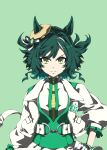  1girl animal_ears breasts closed_mouth ears_through_headwear gloves green_eyes green_hair green_vest hat highres horse_ears horse_girl horse_tail jacket kiseki_(miracle_author)_(umamusume) kiseki_(umamusume) looking_at_viewer multicolored_hair open_clothes open_jacket shirt short_hair smile solo streaked_hair tail umamusume upper_body vest white_gloves white_jacket white_shirt white_streaks yellow_hat zukki_(bijitaru) 