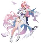  1girl :d aemeath_(wuthering_waves) ahoge asymmetrical_footwear birkai book boots breasts commentary elbow_gloves full_body glitch gloves hair_ornament headphones highres holding holding_microphone large_breasts leotard long_hair looking_at_viewer microphone open_book open_mouth orange_eyes paper_airplane pink_hair showgirl_skirt simple_background skirt smile solo uneven_footwear white_background white_boots white_gloves white_leotard white_skirt wuthering_waves 