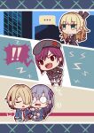  ! ... 4girls blonde_hair brown_hair chibi chibi_only closed_eyes closed_mouth commentary_request earrings glasses green_eyes hair_tie hands_on_own_hips hat heaven_burns_red highres izumi_yuki jewelry kayamori_ruka long_hair military_hat military_uniform multiple_girls nanase_nanami_(heaven_burns_red) necktie open_mouth purple_hair red_eyes red_necktie school_uniform short_hair single_earring speech_bubble tezuka_saki yama_minami 