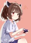  1girl anger_vein blue_skirt brown_background brown_hair commentary_request controller crying crying_with_eyes_open drop_shadow frustrated game_controller headgear highres hogihogi3ta holding holding_controller holding_game_controller notice_lines playing_games playing_video_games red_eyes shirt short_hair simple_background sitting skirt solo squiggle t-shirt tears touhoku_kiritan variant_set voiceroid white_shirt 
