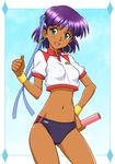  baton bikini_bottom bob_cut breasts covered_nipples dark_skin earrings fushigi_no_umi_no_nadia green_eyes hair_ornament hairclip hand_on_hip headband hoop_earrings itoji jewelry midriff nadia navel purple_hair short_hair small_breasts smile solo thumbs_up wristband 