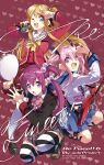  3girls :d :o ;d ahoge angel_beats! black_boots black_jacket blonde_hair blue_eyes blue_sailor_collar blue_skirt boots bow bowtie brown_shoes brown_skirt cable charlotte_(anime) commentary_request company_connection cover cover_page crossover doujin_cover eyes_visible_through_hair fang floating_hair full_body grey_skirt guitar hair_between_eyes hair_bobbles hair_ornament hands_up heart heart_background holding holding_guitar holding_instrument holding_microphone holding_tambourine hoshinoumi_academy_school_uniform instrument jacket key_(company) little_busters! little_busters!_school_uniform loafers long_hair long_sleeves looking_at_viewer microphone miniskirt multiple_crossover multiple_girls nishimori_yusa one_eye_closed one_side_up open_mouth pink_bow pink_bowtie pink_hair plaid_clothes plaid_skirt pleated_skirt purple_eyes red_background red_shirt saigusa_haruka sailor_collar sailor_shirt school_uniform second-party_source serafuku shinda_sekai_sensen_uniform shirt shoes side_ponytail sidelocks simple_background skirt smile squatting standing striped_clothes striped_thighhighs takumi_(scya) tambourine tareme thighhighs trait_connection two_side_up v v-shaped_eyebrows v_over_head very_long_hair white_sailor_collar white_shirt white_thighhighs yui_(angel_beats!) zettai_ryouiki 