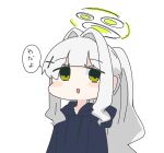 1girl :d black_halo blue_archive blue_hoodie blunt_bangs blush chibi commentary_request cross_hair_ornament drawstring green_eyes green_halo grey_hair hair_intakes hair_ornament halo hare_(blue_archive) highres hood hood_down hoodie kuroshiro1011 long_hair long_sleeves looking_at_viewer open_mouth ponytail sidelocks simple_background smile solo speech_bubble translated upper_body white_background 