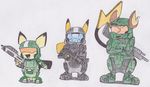  armor crossover cute gun halo nintendo pichu pikachu pok&#233;mon pok&eacute;mon raichu ranged_weapon spartan-ii unknown_artist video_games weapon 