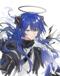  1girl absurdres aqua_eyes arknights black_coat blue_hair chinese_commentary coat commentary cropped_torso detached_wings floating_hair fur-trimmed_hood fur_trim hair_between_eyes halo high_collar highres hood hood_down hooded_coat horns long_hair looking_down mostima_(arknights) simple_background solo white_background wings xuan_xuan_xuan_za 