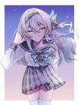  1girl absurdres commentary_request cowboy_shot firefly_(honkai:_star_rail) firefly_(spring_missive)_(honkai:_star_rail) gradient_hair grey_hair grey_hairband grey_ribbon grey_sailor_collar grey_skirt grin hair_between_eyes hair_intakes hair_ornament hair_ribbon hairband hand_in_own_hair hand_up highres honkai:_star_rail honkai_(series) leaning_forward long_hair makikomare multicolored_hair name_tag official_alternate_costume outside_border pleated_skirt ribbon sailor_collar school_uniform serafuku shirt skirt smile solo thighhighs twitter_username white_shirt white_thighhighs 
