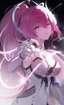  1girl absurdres aemeath_(wuthering_waves) bare_shoulders breasts chromatic_aberration commentary elbow_gloves gloves hair_ornament hand_up highres hui_night large_breasts long_hair looking_at_viewer orange_eyes parted_lips pink_hair ponytail smile solo star-shaped_pupils star_(symbol) symbol-shaped_pupils upper_body white_gloves wuthering_waves 
