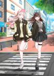  2girls absurdres arcaea bandaid bandaid_on_leg baseball_cap beanie black_eyes black_hair black_jacket black_shoes black_shorts black_skirt blue_sky building casual commentary_request dating day floating_hair grey_hat grey_leg_warmers grey_shirt hat headphones headphones_around_neck highres hikari_(arcaea) holding_hands hoshihan_hoshi_han jacket leg_warmers long_hair long_sleeves multicolored_jacket multiple_girls open_clothes open_jacket open_mouth outdoors pink_eyes pink_hat pleated_skirt road shirt shoes shorts skirt sky sleeveless sleeveless_shirt street tairitsu_(arcaea) thigh_strap tree turtleneck turtleneck_shirt urban walking white_hair window yellow_jacket yellow_shirt yellow_sleeves yuri 
