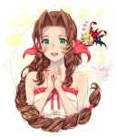  >_< 1boy 1girl 39cva :d aerith_gainsborough bare_shoulders blonde_hair blue_pants blush braid braided_ponytail breasts chibi cloak cloud_strife commentary_request dress final_fantasy final_fantasy_vii floating_hair green_eyes hair_ribbon halterneck highres kingdom_hearts kingdom_hearts_i kingdom_hearts_ii long_hair medium_breasts official_alternate_costume onimusha_3:_demon_siege open_mouth own_hands_clasped own_hands_together pants parted_bangs pink_ribbon red_cloak ribbon sidelocks single_braid smile spiked_hair white_dress xd 