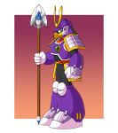  1boy android armor border chest_jewel clenched_hands commentary english_commentary full_body gloves gradient_background helmet highres holding holding_polearm holding_weapon japanese_armor kabuto_(helmet) looking_at_viewer mega_man_(classic) mega_man_(series) mega_man_6 outside_border polearm purple_armor purple_background purple_helmet robot robot_ears sideways_glance simple_background solo toastiepumpkin two-tone_background weapon white_border white_gloves yamato_man 